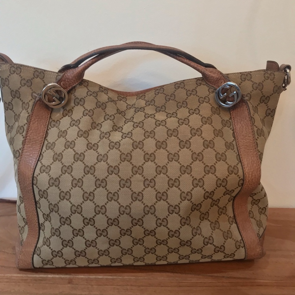 Gucci Brown Beige GG Canvas Tote with Tan Leather Handles